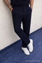 Men's High Waist Regular Fit Navy Blue Fabric Trousers - 3