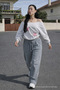 Women's Elastic Waist Wide Leg Gray Linen Trousers - 3