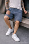 Men's Trend Low Waist Cargo Pocket Loose Blue Linen Shorts - 5