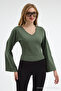 Women's V-Neck Long Sleeve Slim Fit Khaki Blouse - 3
