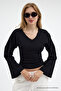 Women's V-Neck Long Sleeve Tight Black Blouse - 2