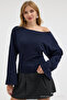 Women's Off-The-Shoulder Wide-Sleeve Navy Blue Blouse