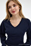 Women's V-Neck Long Sleeve Tight Navy Blue Blouse - 4