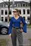 Women's Blue V-Neck Beltless Cotton Blouse
