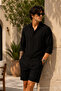 Men's Polo Collar Loose Black Muslin Shirt