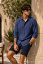 Men's Polo Collar Loose Fit Navy Blue Muslin Shirt - 4