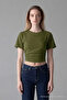 Women's Wide Short Sleeve Khaki Crop T-Shirt