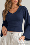 Women's V-Neck Bodycon Navy Blue Blouse - 5