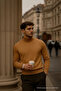 Men's Long Sleeve High Neck Loose Fit Brown Knit Sweater - 3