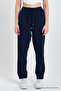 Navy Blue High Waist Elastic Waist Linen Trousers - 6