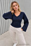 Women's Stylish Body-Hugging V-Neck Navy Blue Blouse - 2