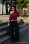 Women's Daily Casual Tight Fit Burgundy Crop Blouse - 4