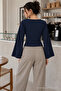 Women's Casual Waist-Fitted Navy Blue Blouse - 3