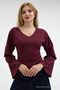 Women's V-Neck Long Sleeve Tight Burgundy Blouse - 5