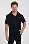 Men's Cotton Stretchy Cuban Collar Short Sleeve Shirt Black - 3