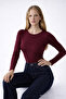 Women's Long Sleeve Crew Neck Burgundy Stylish Blouse - 5