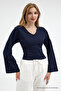 Women's V-Neck Long Sleeve Tight Navy Blue Blouse - 3