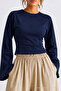Women's Slim Fit Knitted Crew Neck Navy Blue Blouse - 5
