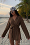Women's V-Neck Loose Belted Brown Kimono