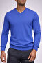 Men's Long Sleeve Loose V-Neck Blue Knit Sweater - 2