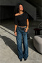 Women's Off-Shoulder Black Crop T-Shirt - 2