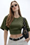 Women's Basic Waist Detailed Khaki Crop Blouse