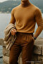 Men's High Neck Casual Brown Knit Sweater - 2