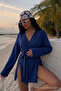 Women's V-Neck Casual Belted Navy Blue Kimono - 3