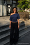 Women's Daily Casual Tight-Fitting Navy Blue Crop Blouse - 2