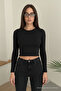 Kadın Basic Premium Dar Siyah Crop Tişört - 5
