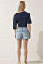 Women's Off-The-Shoulder Short Sleeve Navy Blue Tight T-Shirt - 5