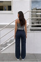 Women's Cargo Pocket Palazzo Cut Stretch Fabric Navy Blue Trousers - 4