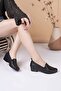14421 Black Chain Pattern Genuine Leather Heeled Women's Shoes - 2