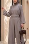 High Collar Pleated Detailed Pocketed Belted Strawberry Jumpsuit - Earthy