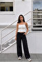 Women's Cargo Pocket Palazzo Cut Stretch Fabric Black Trousers - 5