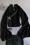 China Style Mandarin Collar Black with White Stripes Long Sleeve Crop Blouse