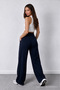 Women's Navy Blue Stretch Fabric Palazzo Relaxed Wide-Leg Pants - 6