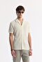 Men's Ecru Apaj Collar Jacquard Linen Blend Short Sleeve Regular Fit Shirt A51Y2207