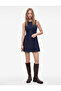 Cotton Crew Neck Flounce Sleeveless Mini Denim Dress with Stitching Detail