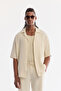 Men's Ecru Apaj Collar Breathable Modal Blended Soft Touch Short Sleeve Oversize Fit Shirt A61Y2006
