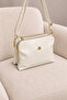 Women's Cream 3-Compartment Soft Textured Leather Shoulder and Crossbody Bag with Gold Accessories and Adjustable Strap