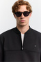 Men's Black Bomber Collar Zippered Easy-Iron Interlock Regular Fit Sweatshirt A62Y1338 - 2