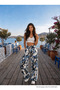 Women's High Waist Leaf Patterned Loose Cut Elastic Waist Summer Fabric Trousers - 2