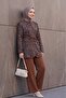 Top with Buttons, Pockets, Belt, Patterned Pants Dabıl Set - Tan - 3