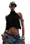 Chiffon Fabric Halter Neck Backless Black Blouse - 4