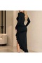 Women's Long Sleeve Side Gathered Slit Detailed Ruffled Stretchy Asymmetrical Dress - 6