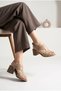 Ög112 Beige Genuine Leather Thick Heeled Strappy Women's Sandals