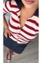 Cream-Navy Blue-Red Striped Ruffled Short Sleeve Cardigan - 2