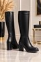 Oval Toe Side Zipper Leather Look Heeled Women's Black Boots 7cm Heel