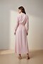 Women's Long Sleeve Shirt Collar Belt Detailed Maxi Dress -20681Elb Pink - 3
